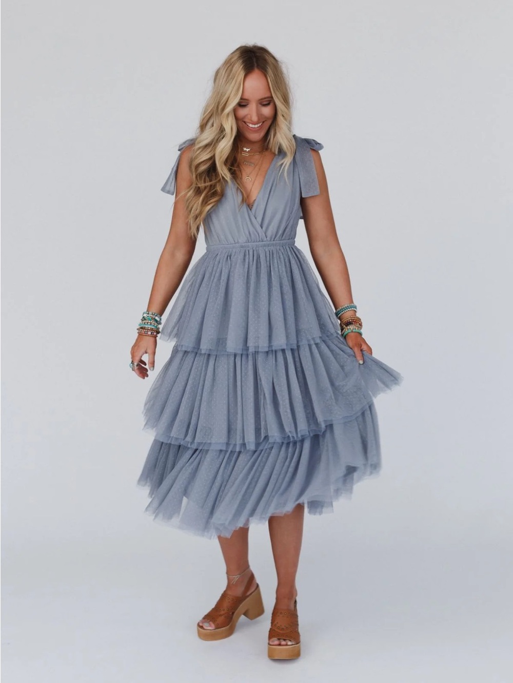 Three Bird Nest Dusty Blue Tiered Tulle Midi Dress with Tie Straps - Picture 3 of 7